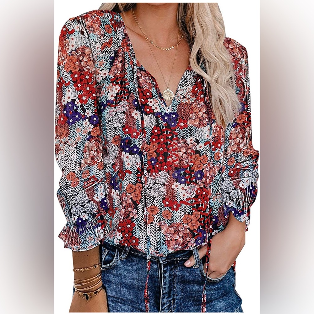Women's Casual Boho Floral Printed V Neck Tops Drawstring Long Sleeve Blouse